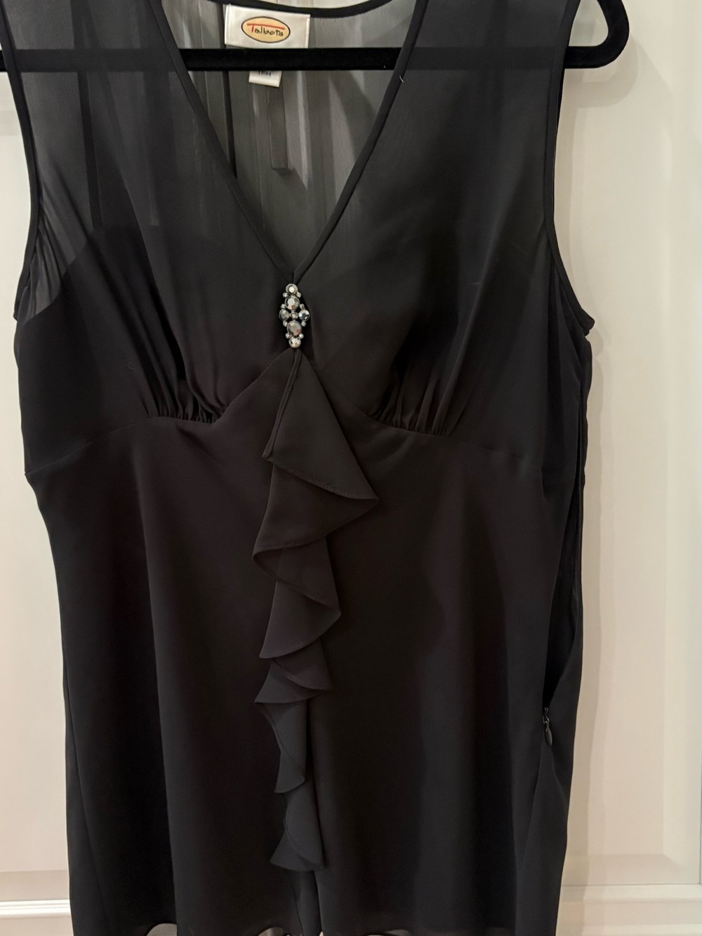 Talbots Black Sleeveless V-Neck blouse with Ruffle and Jewel Accent